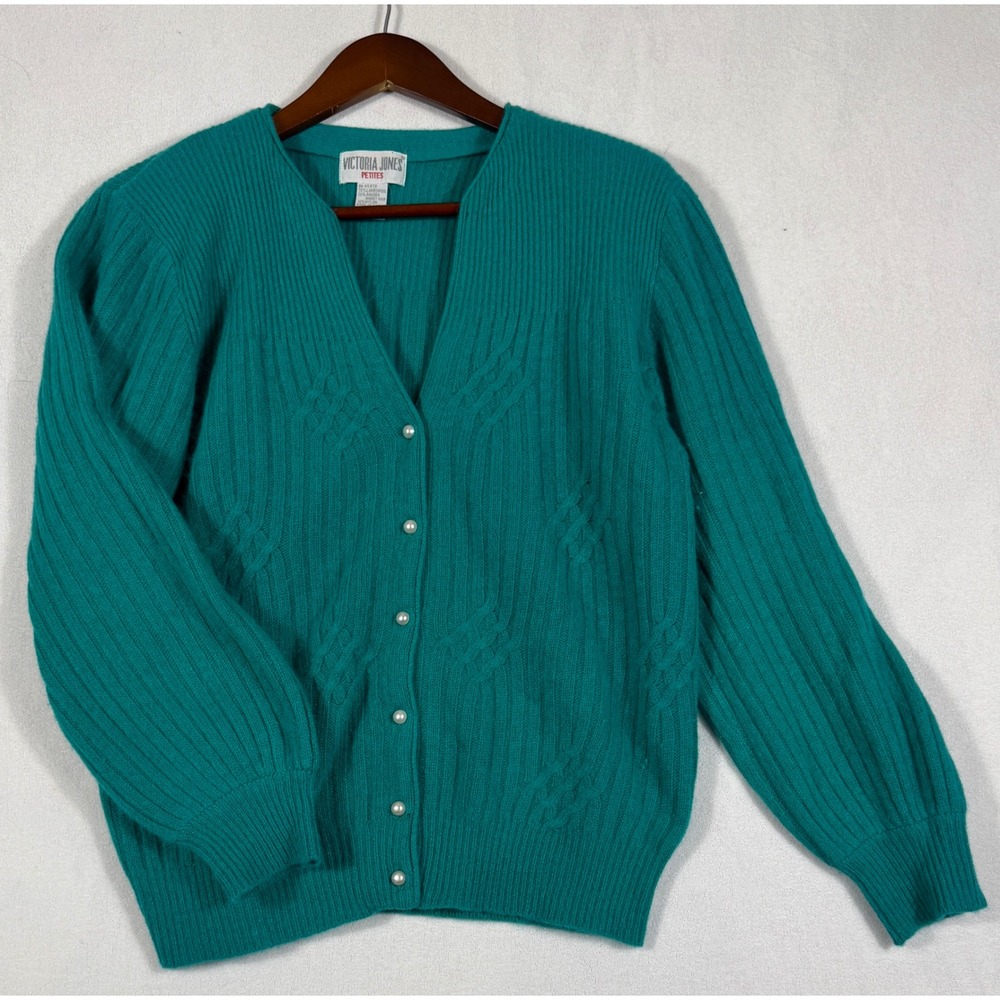 Victoria Jones Petites Teal Lambswool Angora Pearl Button Cardigan Sweater PM